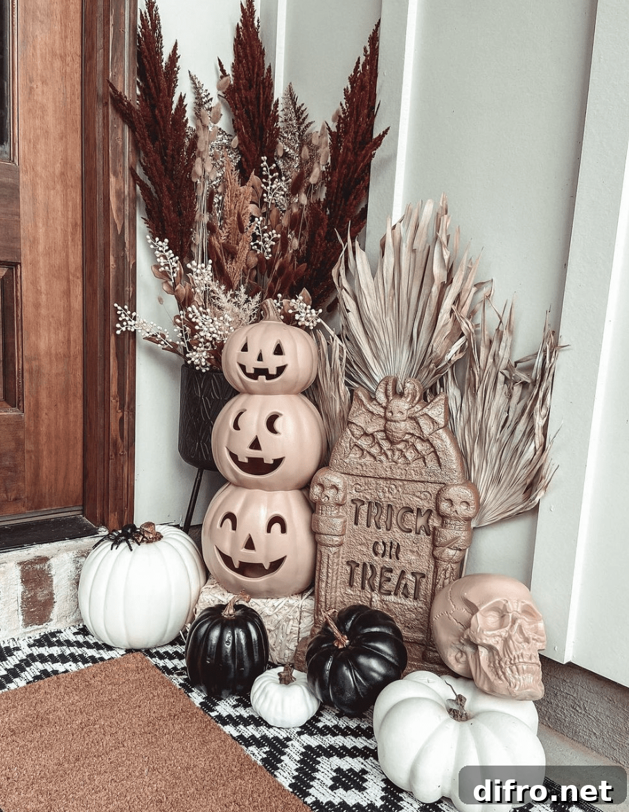 Blush-toned Halloween porch styling