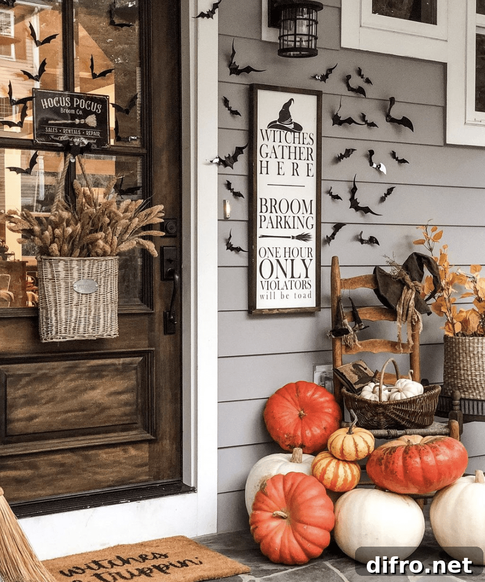 Porch with Halloween signs and pumpkins