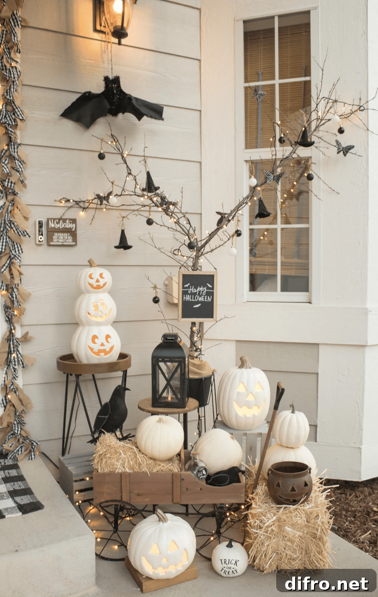 Neutral-toned Halloween porch with natural decor