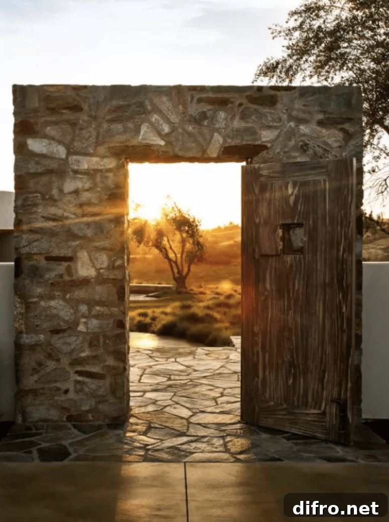 old stone wall with rustic wooden gate door leading into patio garden