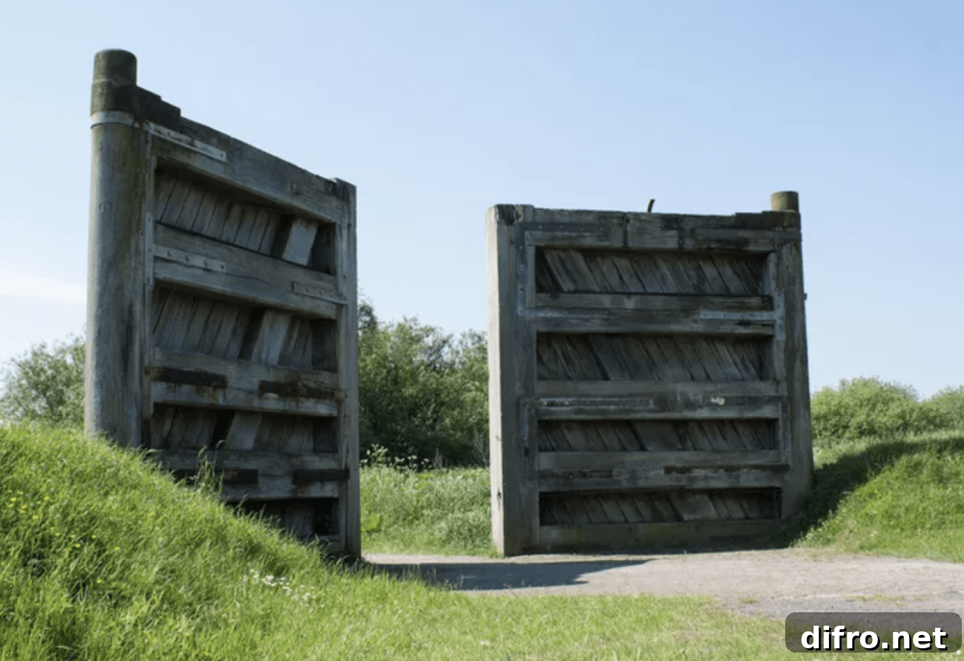 large oversized wooden gates leading out into green space