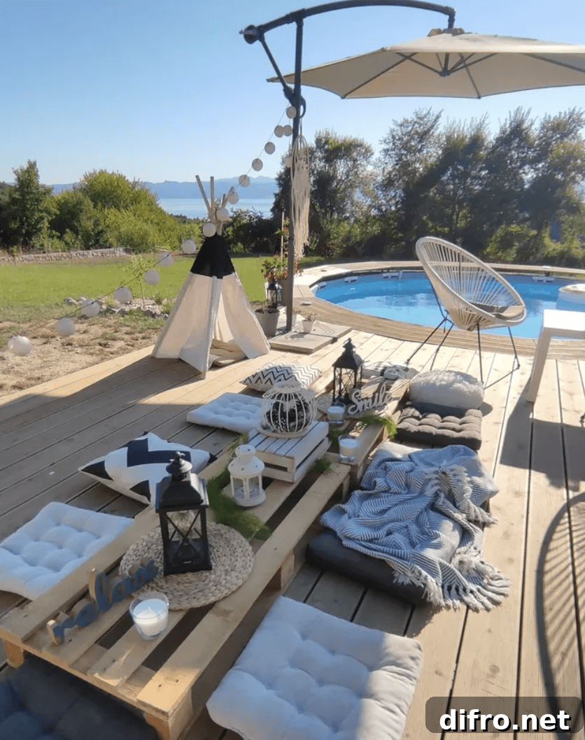 above ground pool with tufted cushion floor seating and dining table white patio umbrella on a stand and outdoor kids teepee