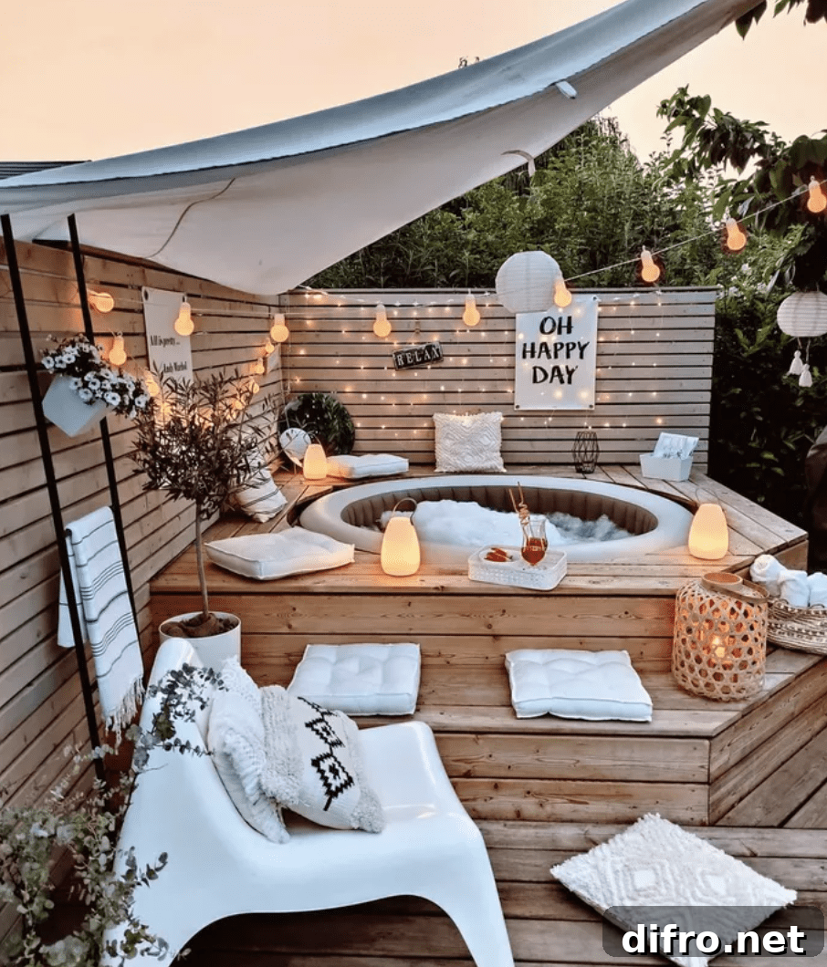 inflatable pool with deck built around it white umbrella pillows cushions