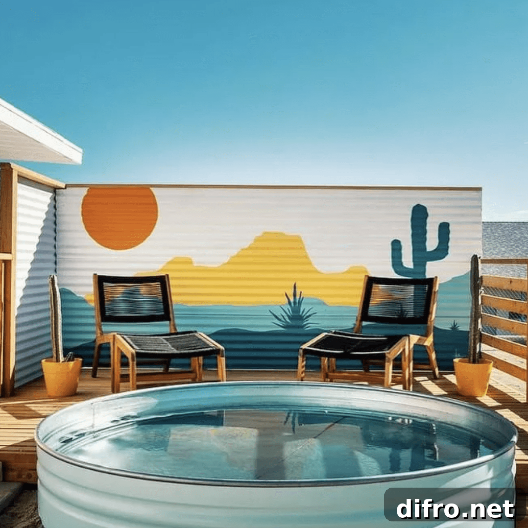 colorful backdrop behind a stock tank pool on a patio with two black lounge chairs