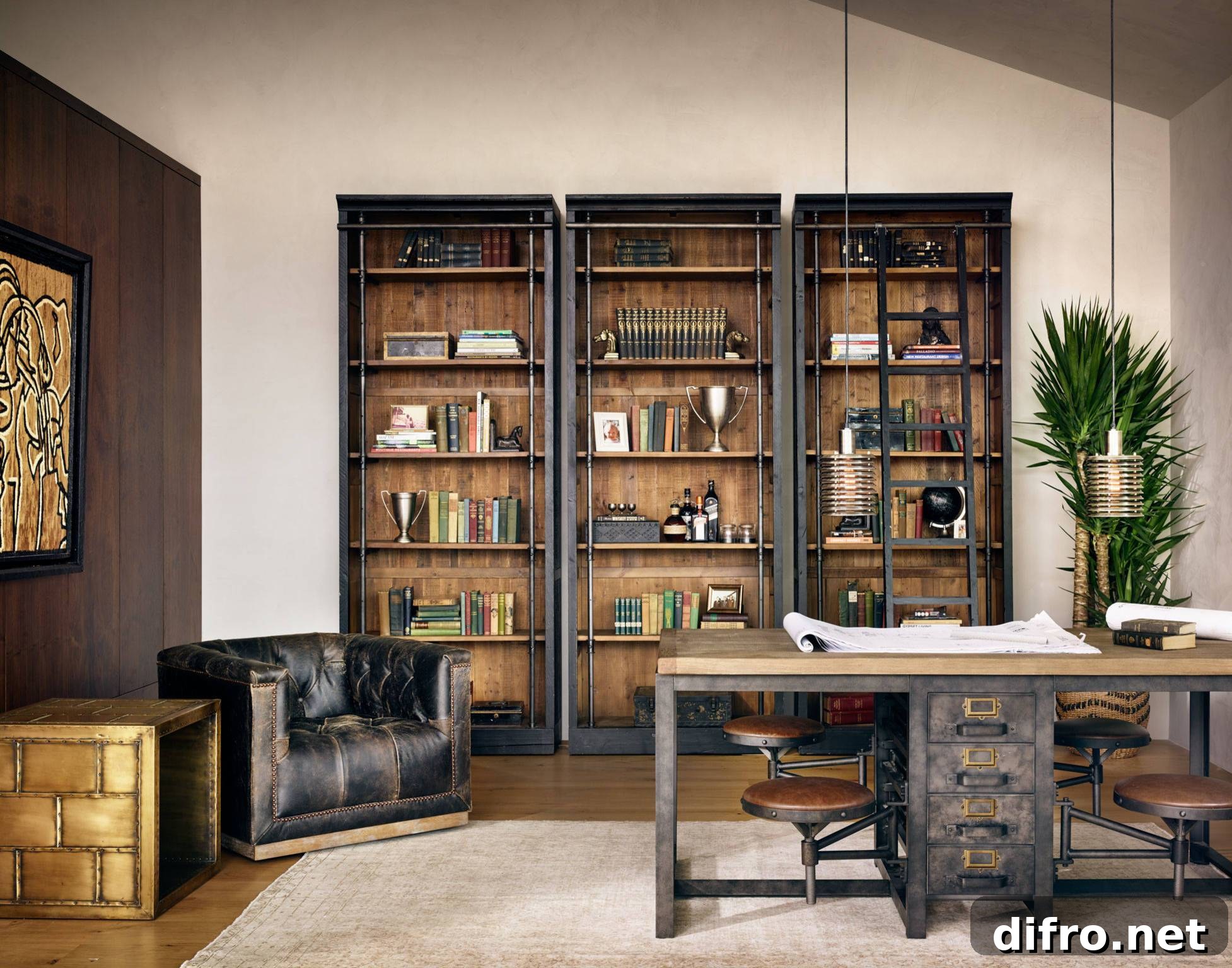Steampunk office with industrial shelving and antique desk
