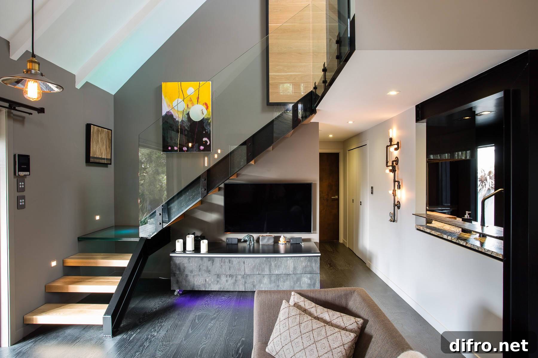 Living area showcasing leather seating and industrial accents