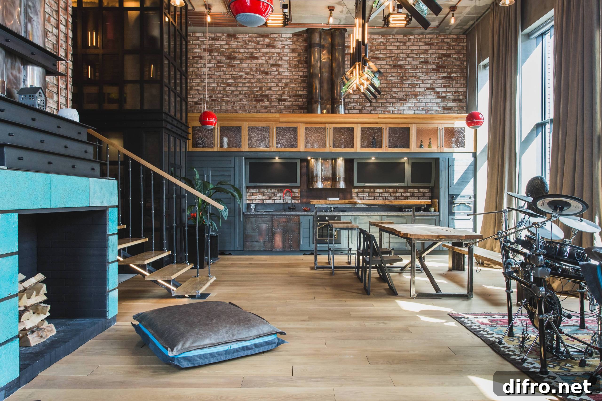 Loft space combining art and steampunk elements