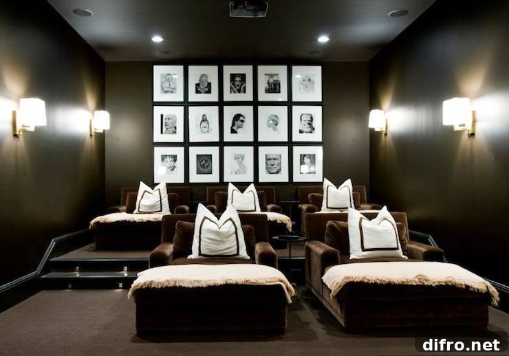 Movie room with black walls and black & white photo wall gallery.