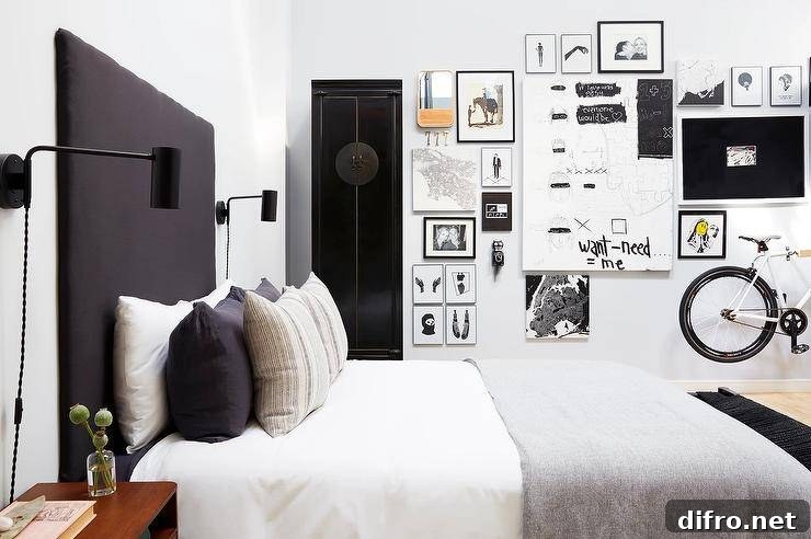 Black and white gallery wall in a bedroom with tall black headboard.