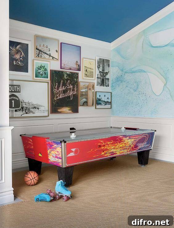 Game room with collage wall art of various frames and themes.