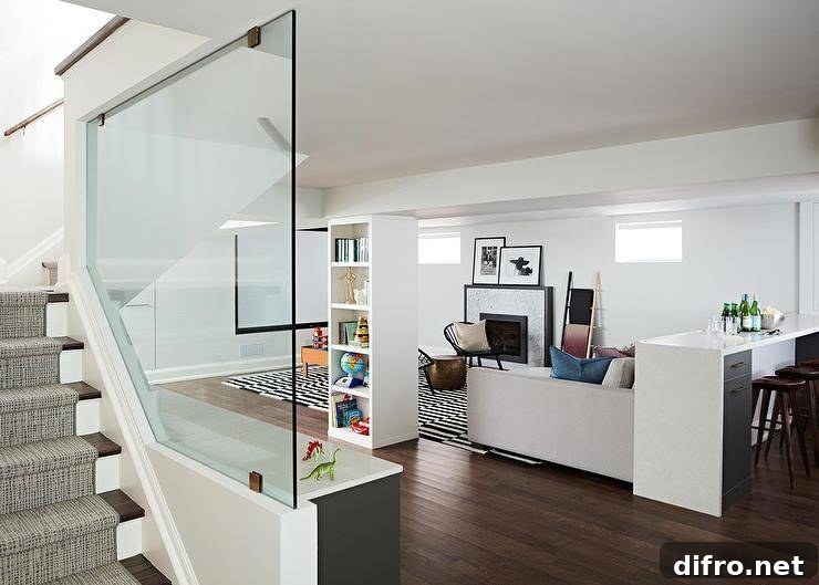 Contemporary basement lounge with gray cabinets and striped rug