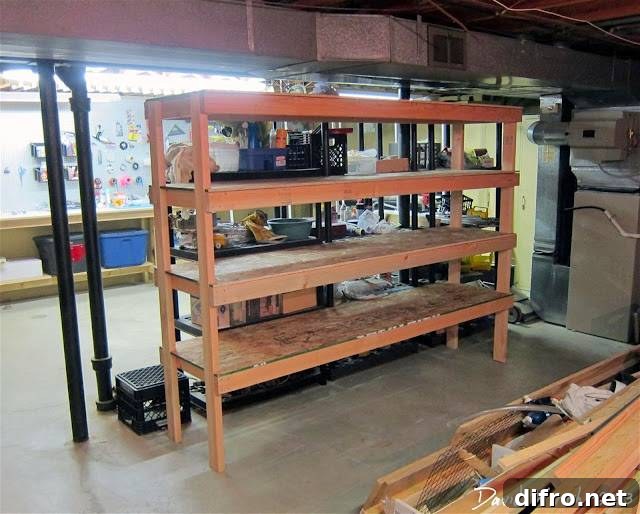 Heavy-duty pallet shelf in dark basement