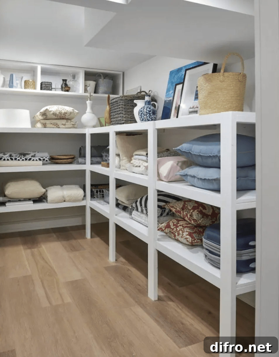 White shelving displaying pillows and blankets