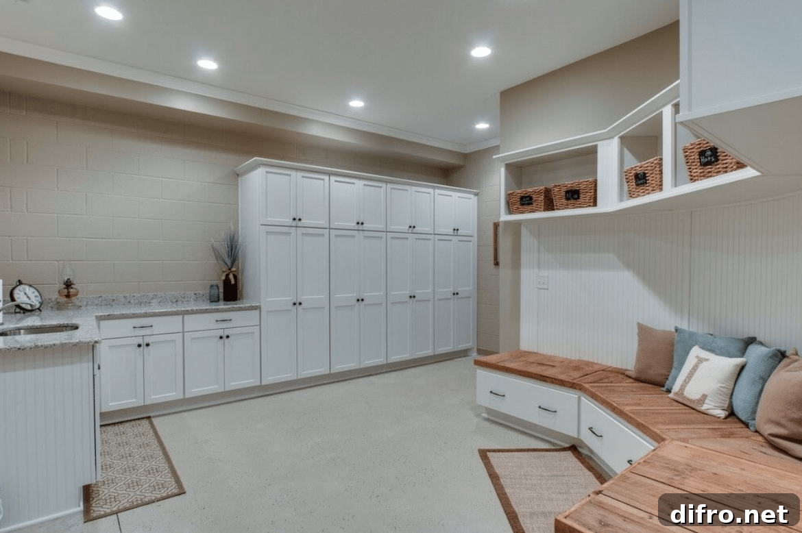 Basement with white cupboards, bench seating, and storage baskets