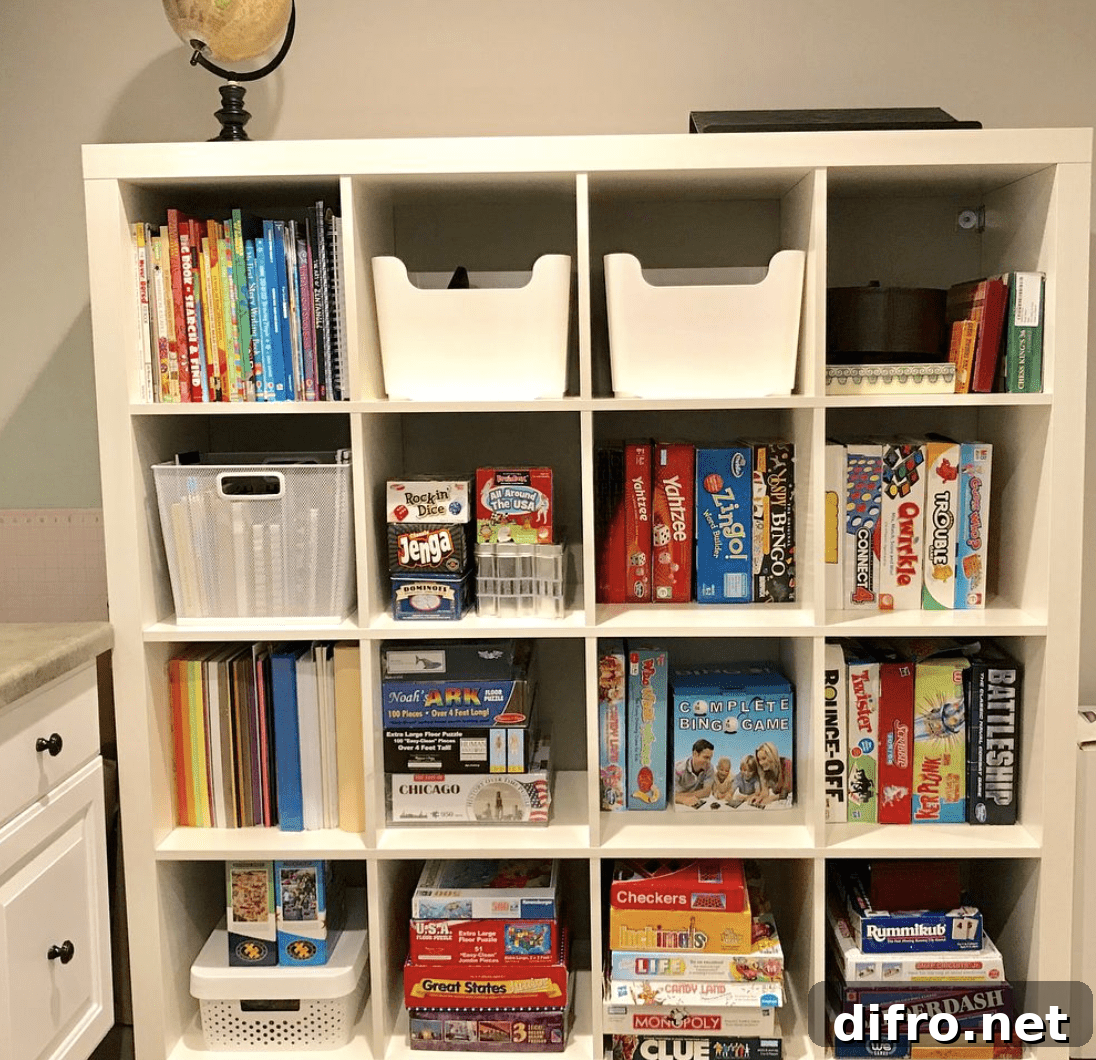 Cube storage filled with board games and books