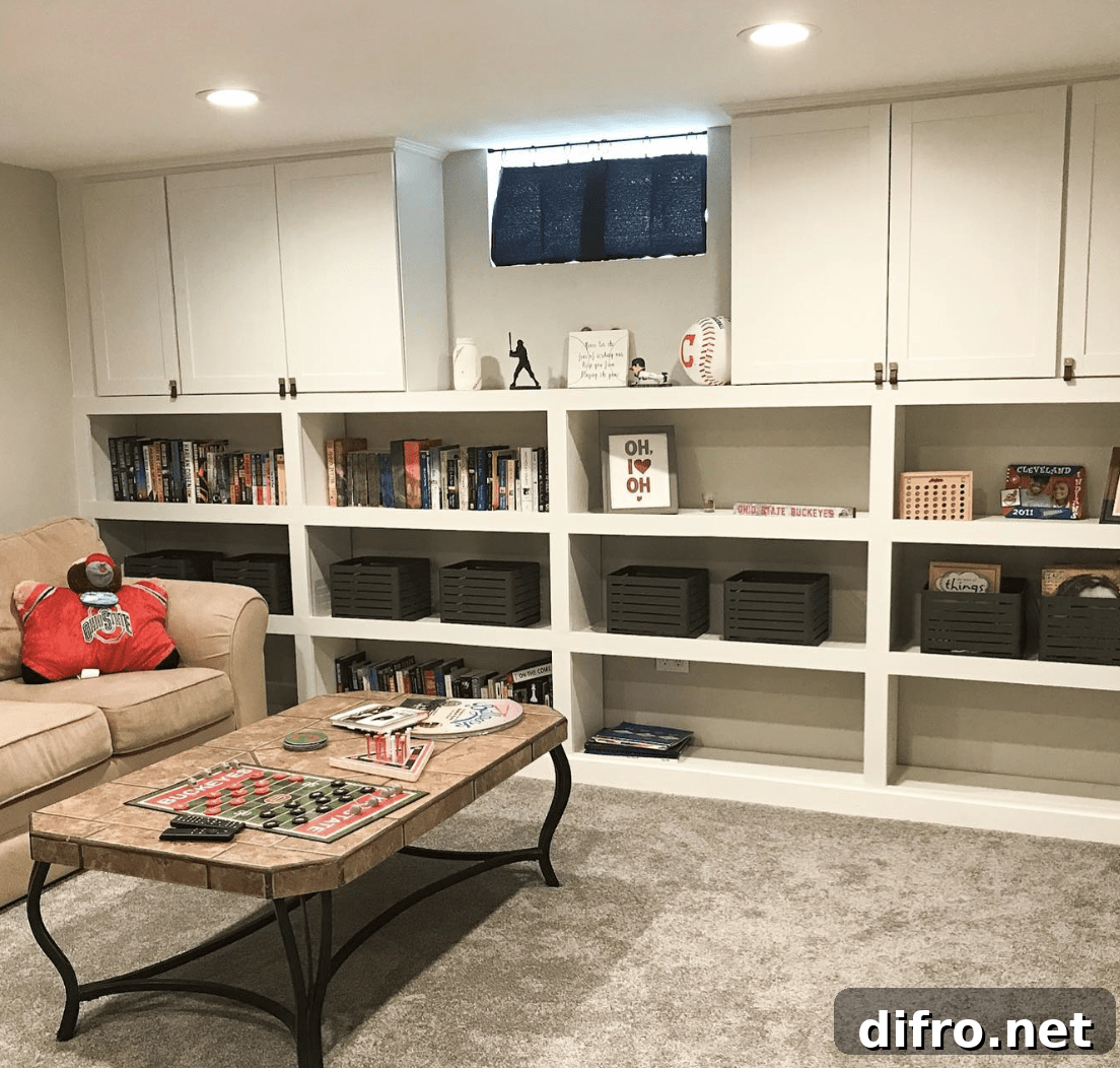White built-in storage with sofa and baskets on shelves