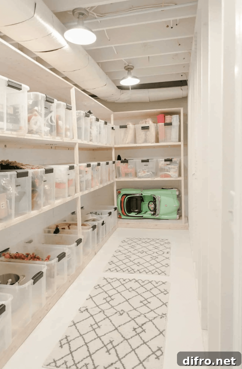 Clear plastic totes on storage shelves