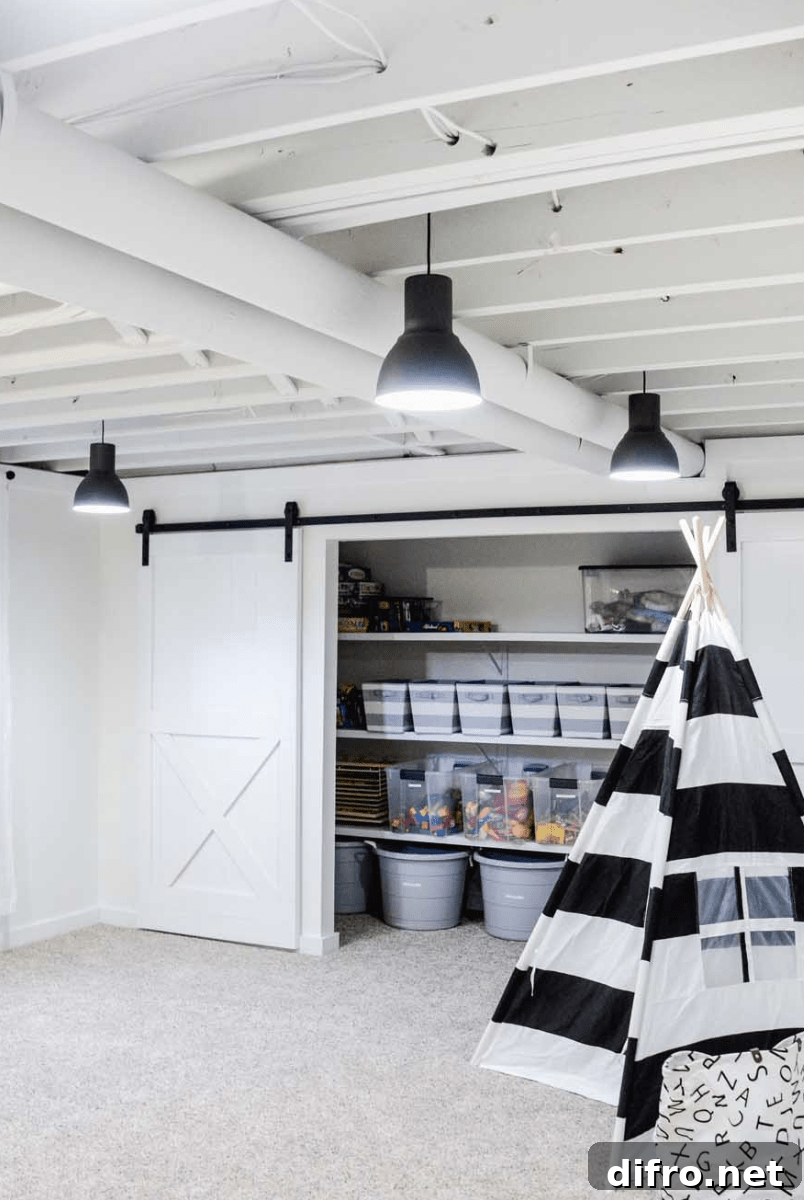 Basement with painted white ceiling and play teepee
