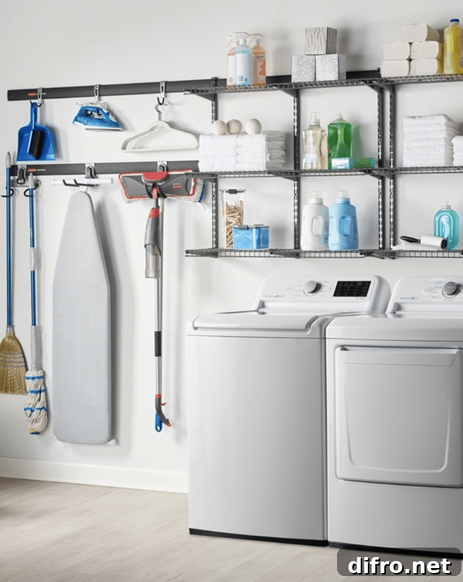 Laundry room with hanging wall storage system