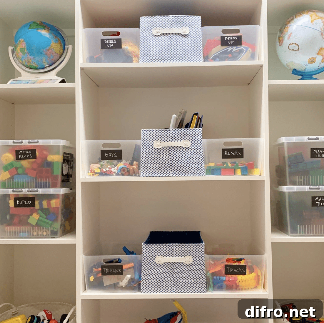 Labeled toy bins on shelving unit