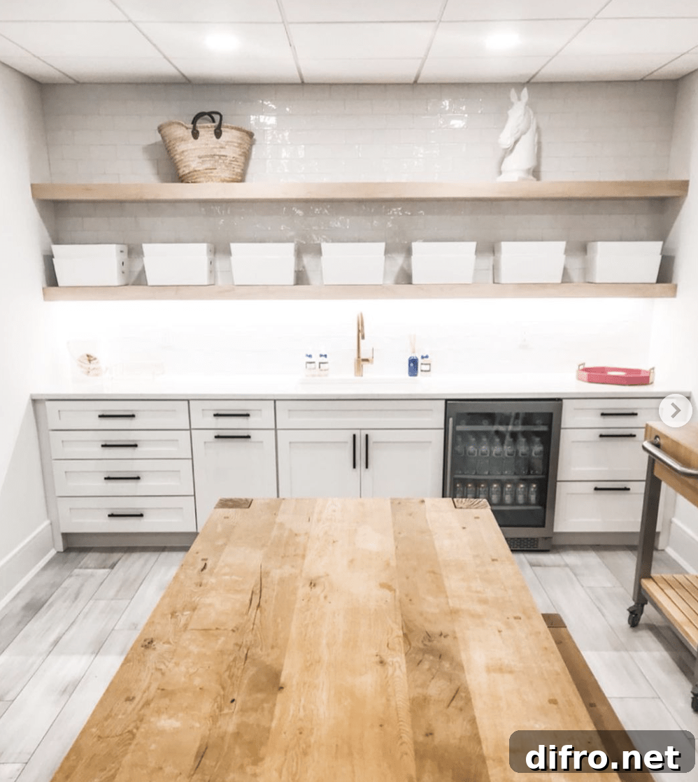 Bright craft workspace with shelves and task lighting