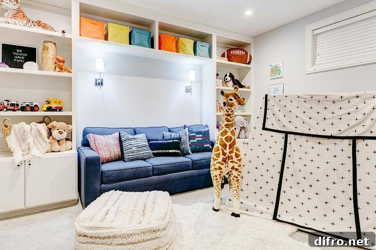 Basement kids area with couch and white cube shelves