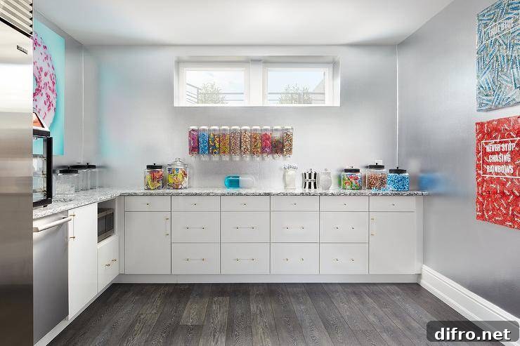 Basement kitchenette with white cabinets and black countertops
