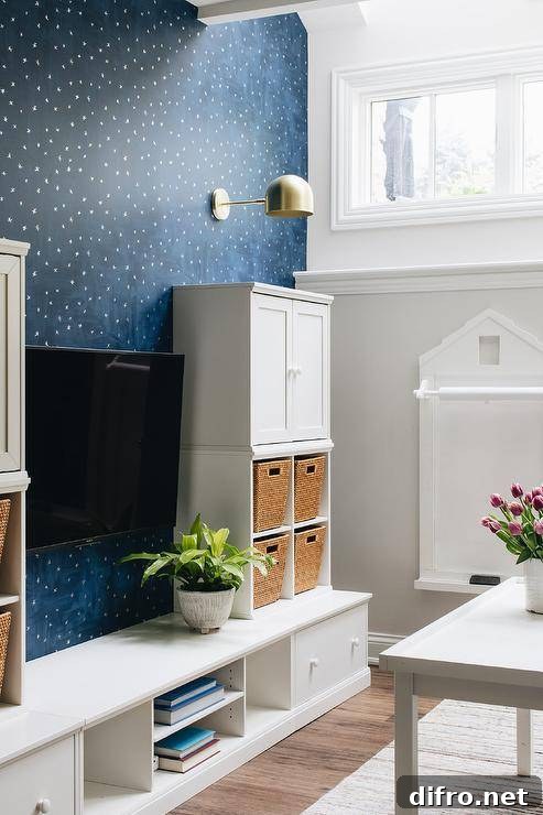 Basement playroom with built-in storage and woven bins