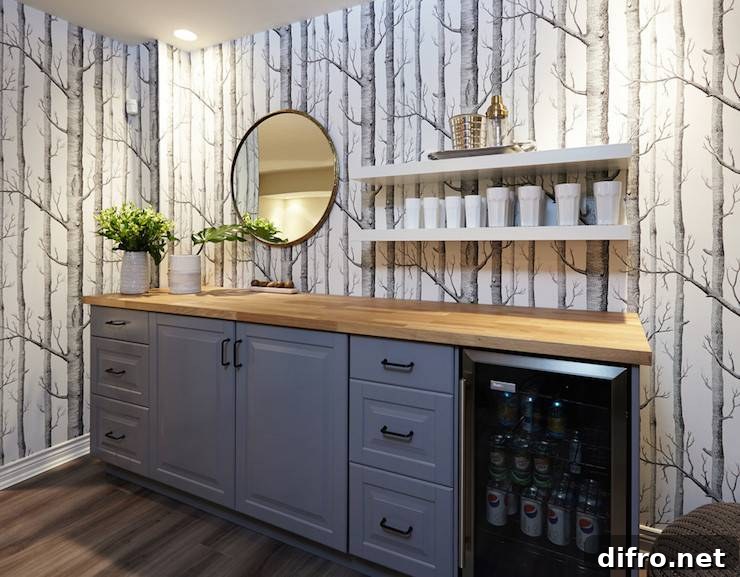 Basement family room with bar and floating shelves