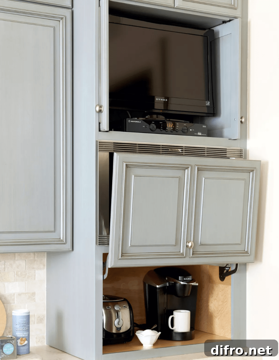 Blue kitchen cabinetry with an appliance garage concealing a coffee maker and toaster.