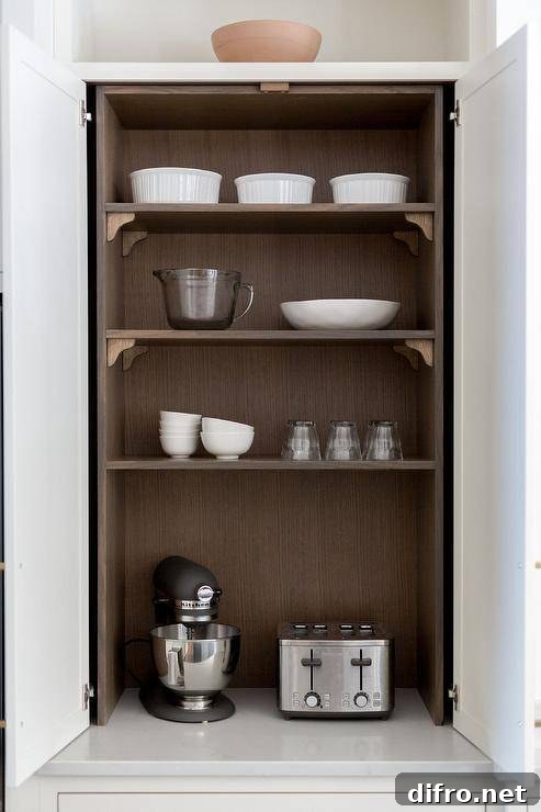 Folding doors featured on a small kitchen appliances cabinet.