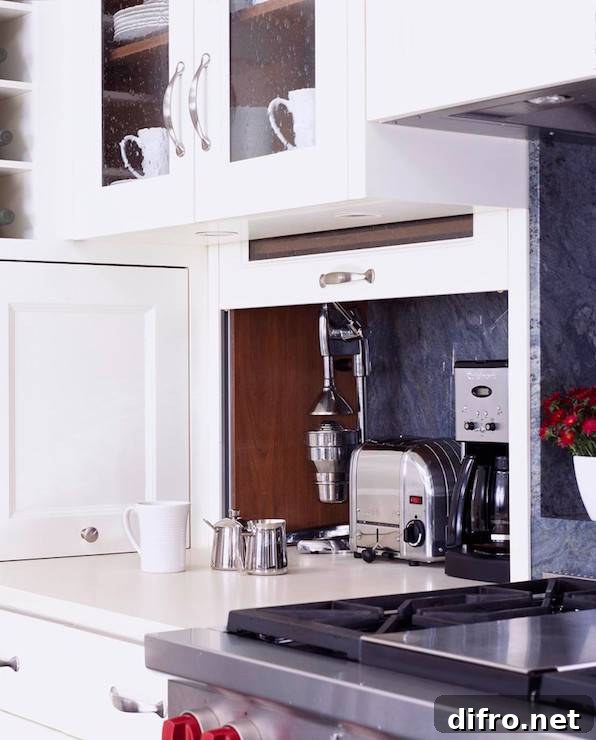 Kitchen features pull-up cabinet concealing hidden small appliances.