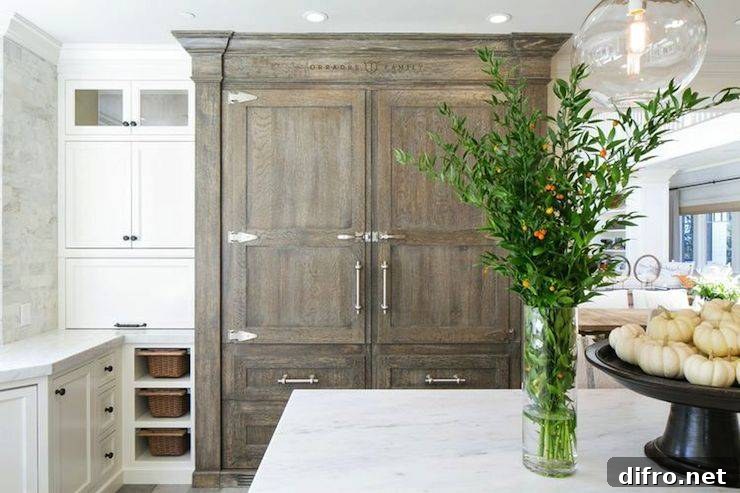 Built-in refrigerator and freezer drawers concealed behind cabinet doors.