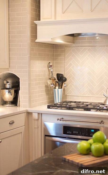 Small appliance nook built into the kitchen wall to hold a mixer.