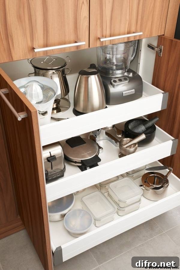 Pull-out cabinetry with wood appliance storage.