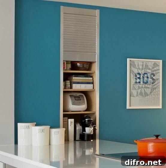 In-wall appliance garage built into a blue kitchen wall.