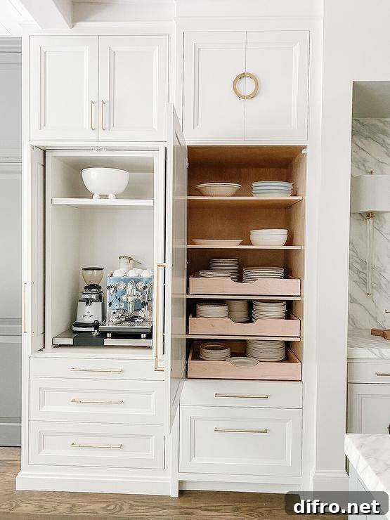 White kitchen with a small appliances cabinet fitted with folding doors.