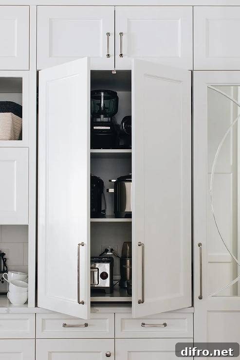 Beautiful white kitchen boasts a cabinet dedicated to small kitchen appliances.