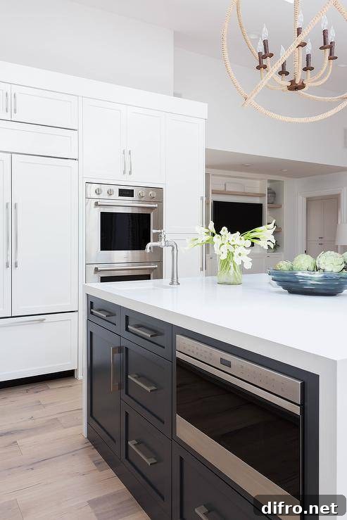 White quartz waterfall countertop on a black center island with a built-in microwave.