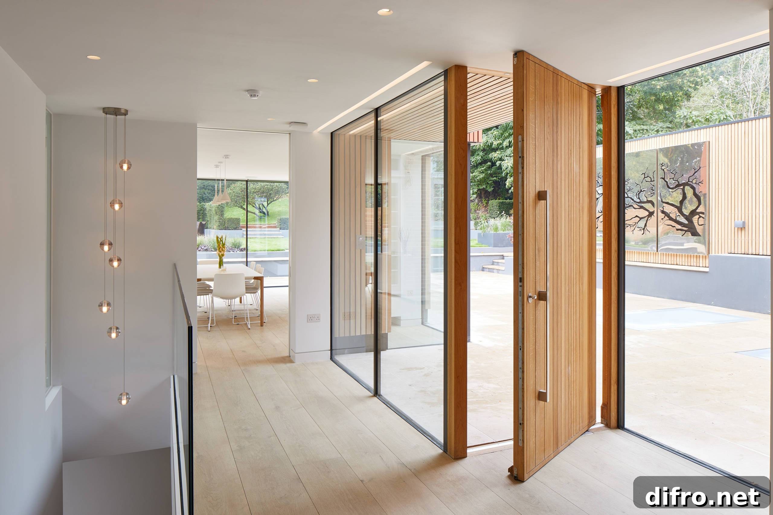 Contemporary pivot door complementing glass-walled architecture