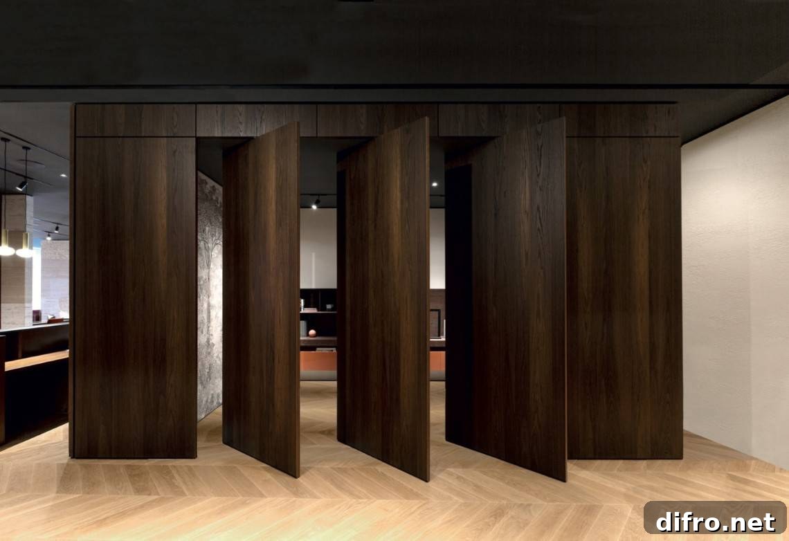 Row of sleek pivot doors used as a room divider