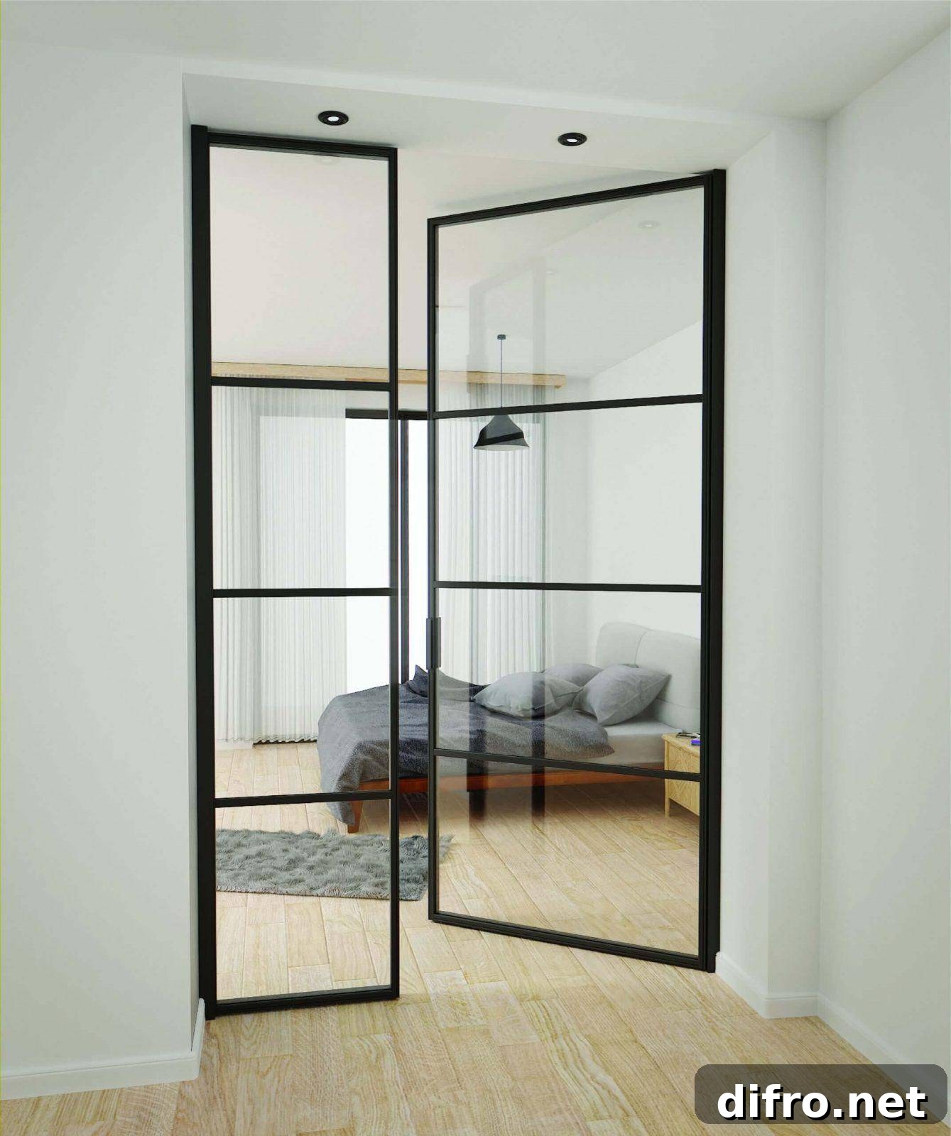 Matte black framed pivot door for a bedroom