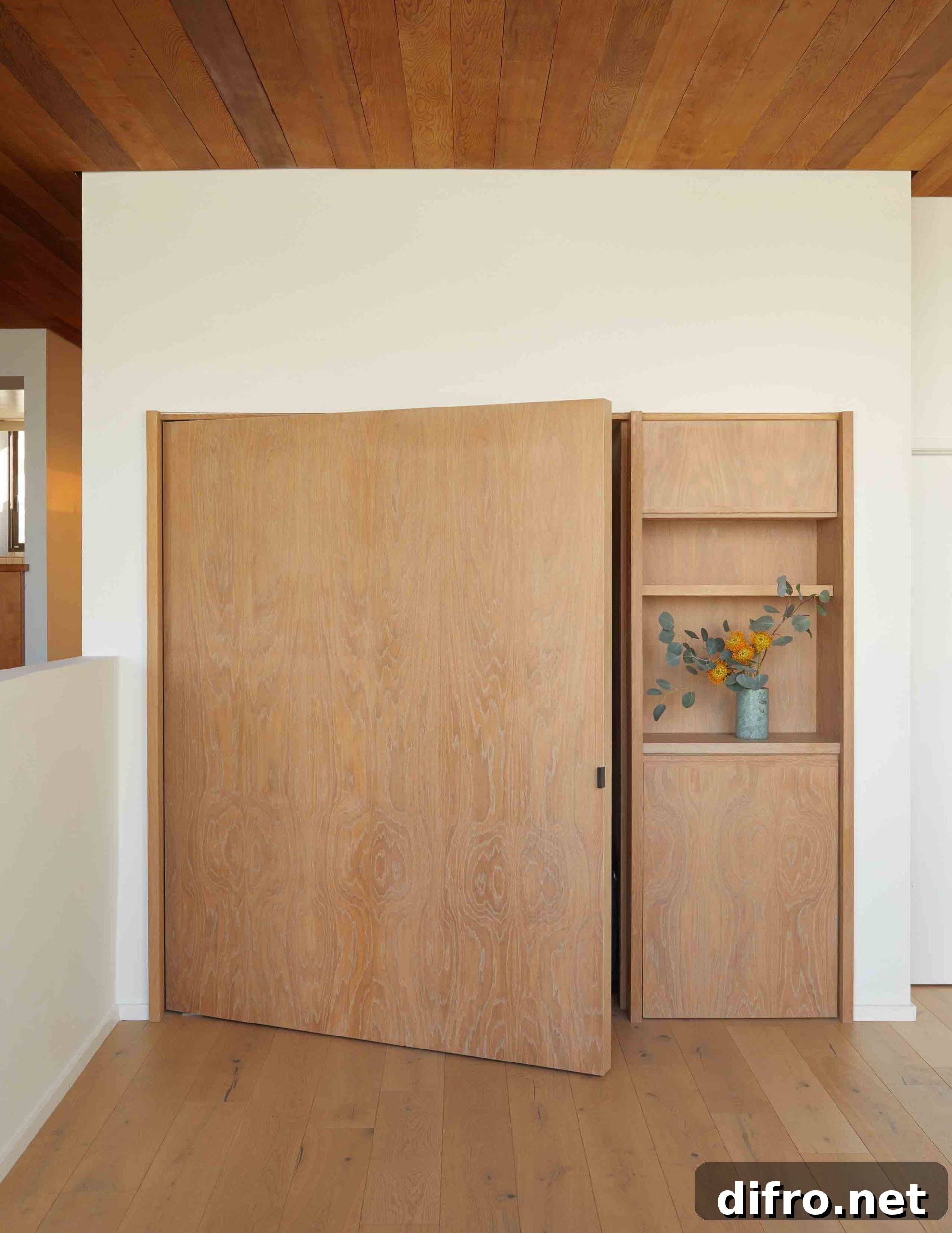 Pivot door hiding a fold-down bed