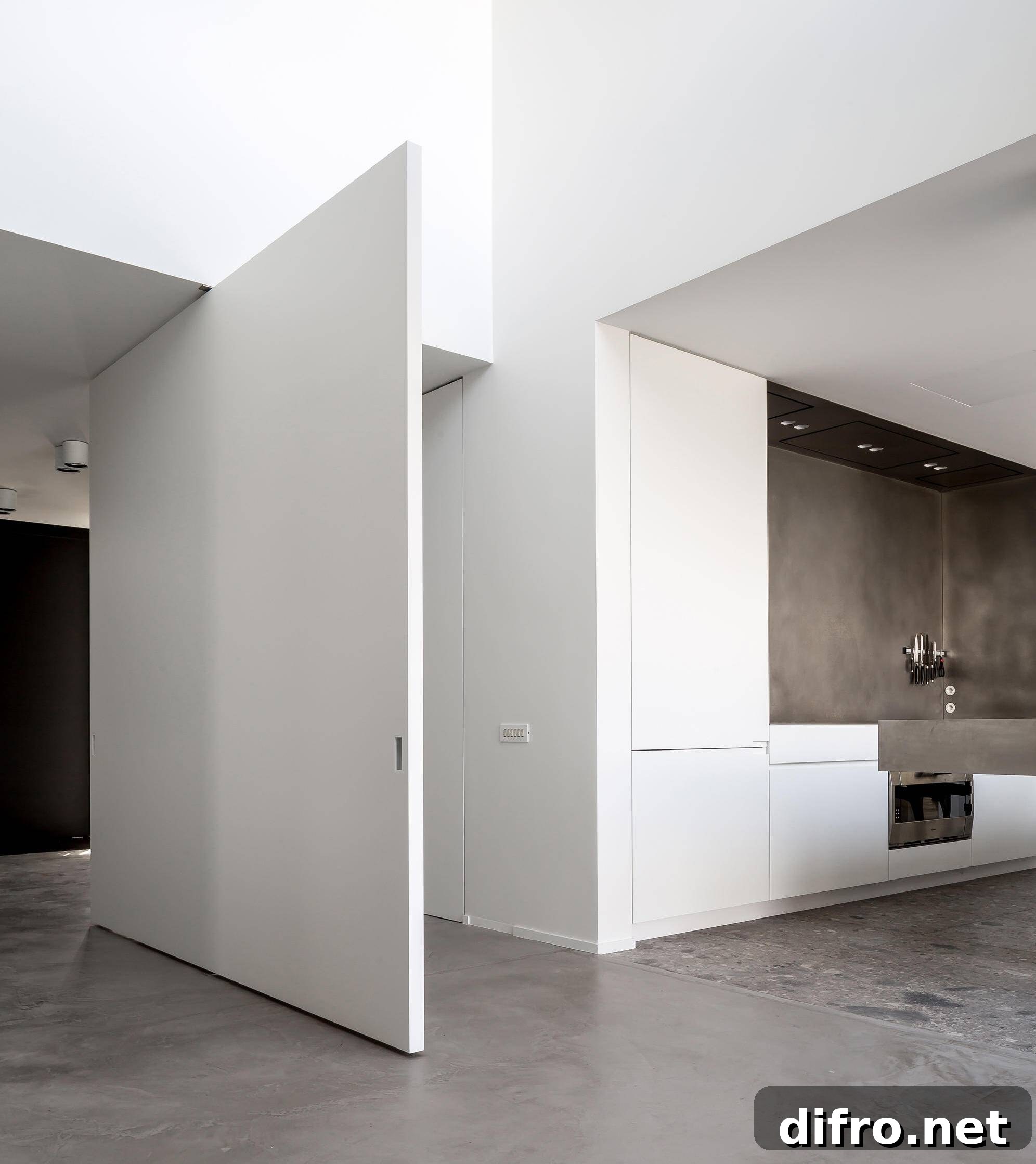 Pivot door separating kitchen in open-plan layout