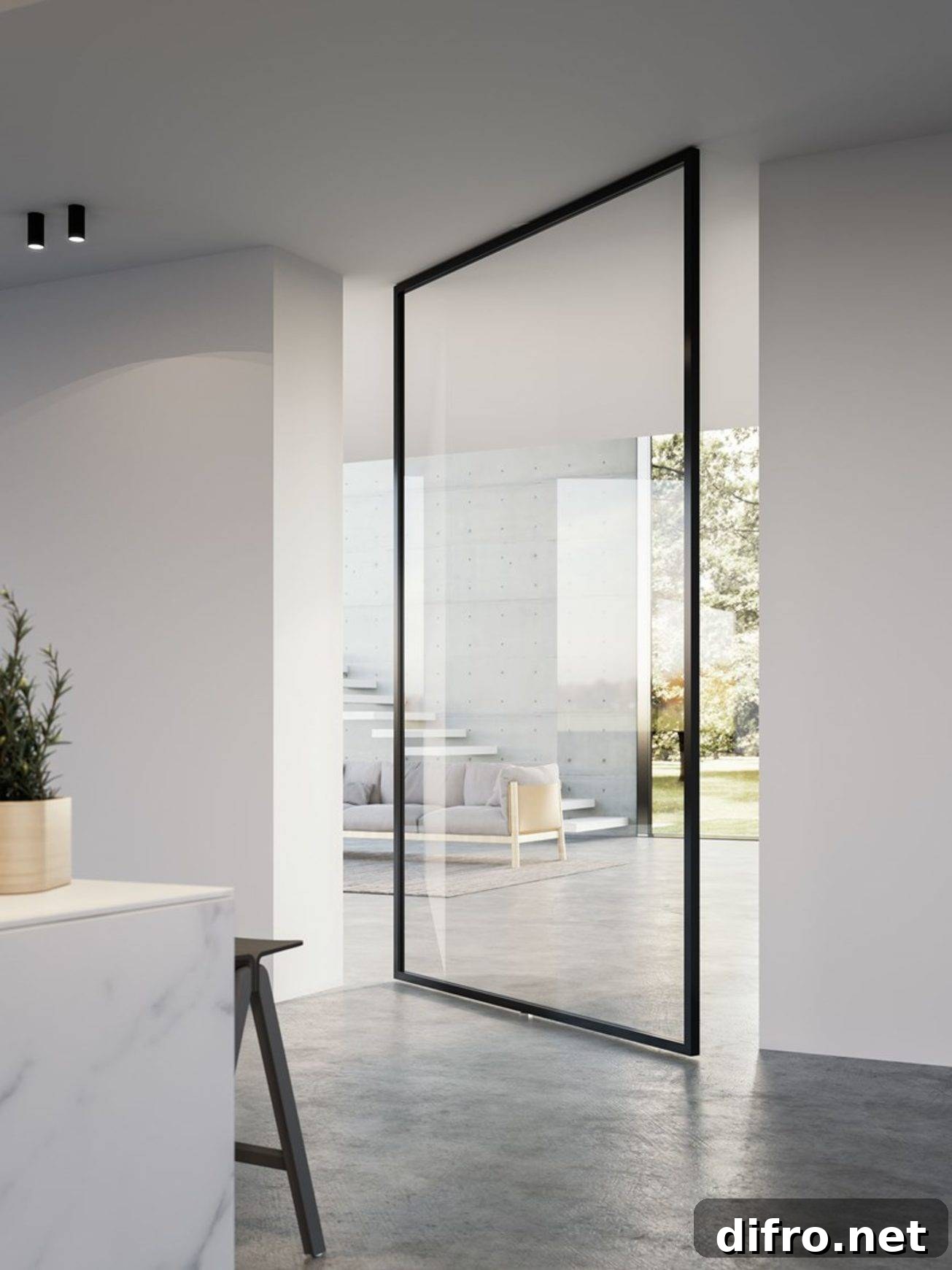 Minimalist hallway pivot door with black frame