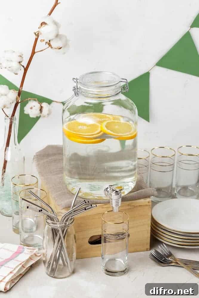 Lemonade station with glass dispenser and garnishes