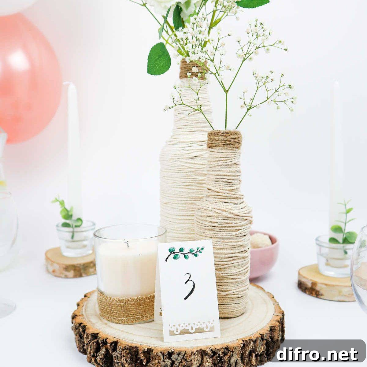 Upcycled bottles arranged as centerpieces