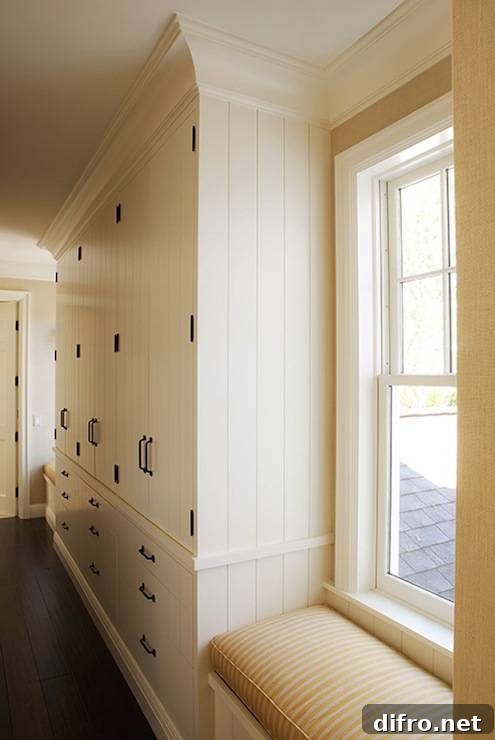 Light filled hallway with ceiling height built-in closets and window seats