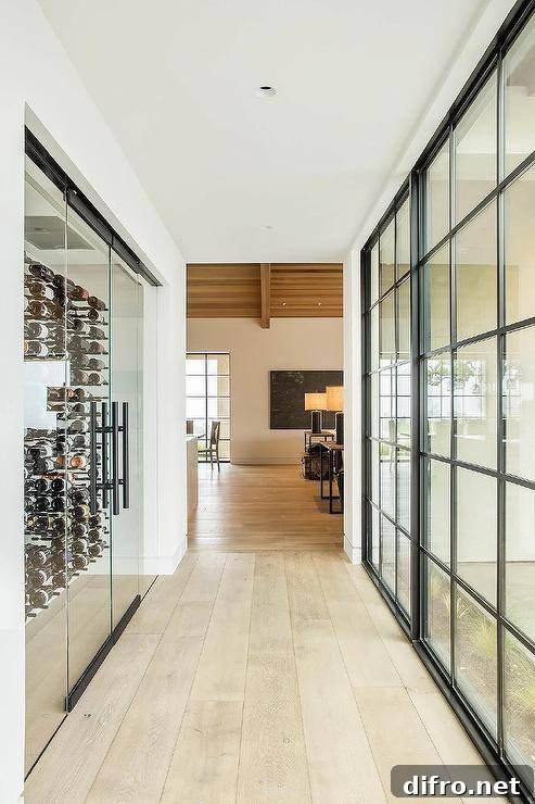 Long hallway with a wide plank wood floor boasts a glass wine cellar