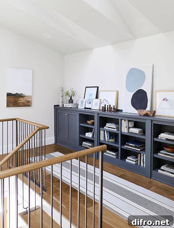 Upstairs hallway accented with a runner in front of blue built-in cabinetry